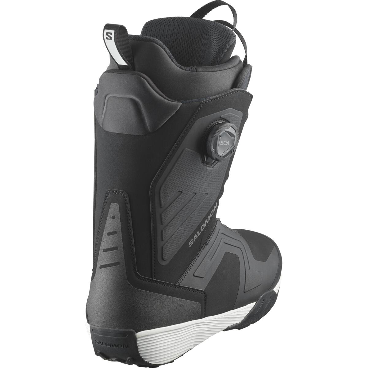 Salomon Men's Dialogue Dual BOA Snowboard Boots - Black snowboard boots with a textured pattern on the toe and heel areas, featuring a BOA dial on the side.