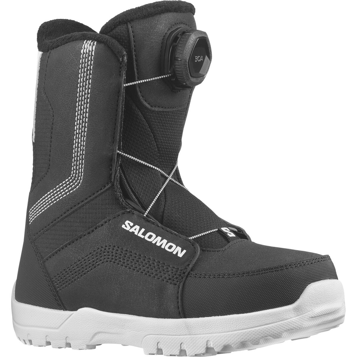 Salomon Junior Whipstar BOA Snowboard Boots 2025 - Black snowboard boots with white accents and a textured rubber sole.