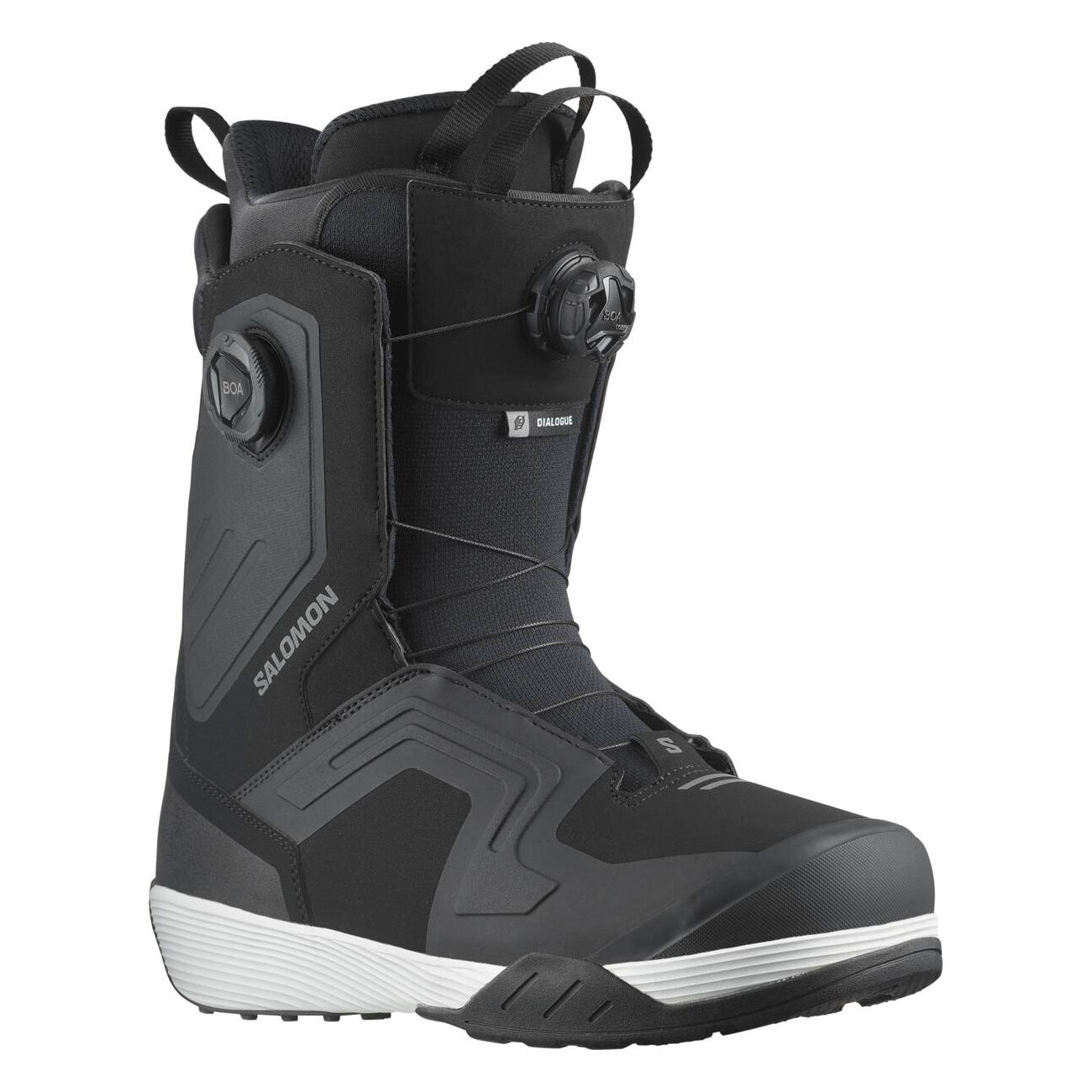 Salomon Men's Dialogue Dual BOA Wide Snowboard Boots - Black snowboard boots with a textured rubber toe cap and white soles.