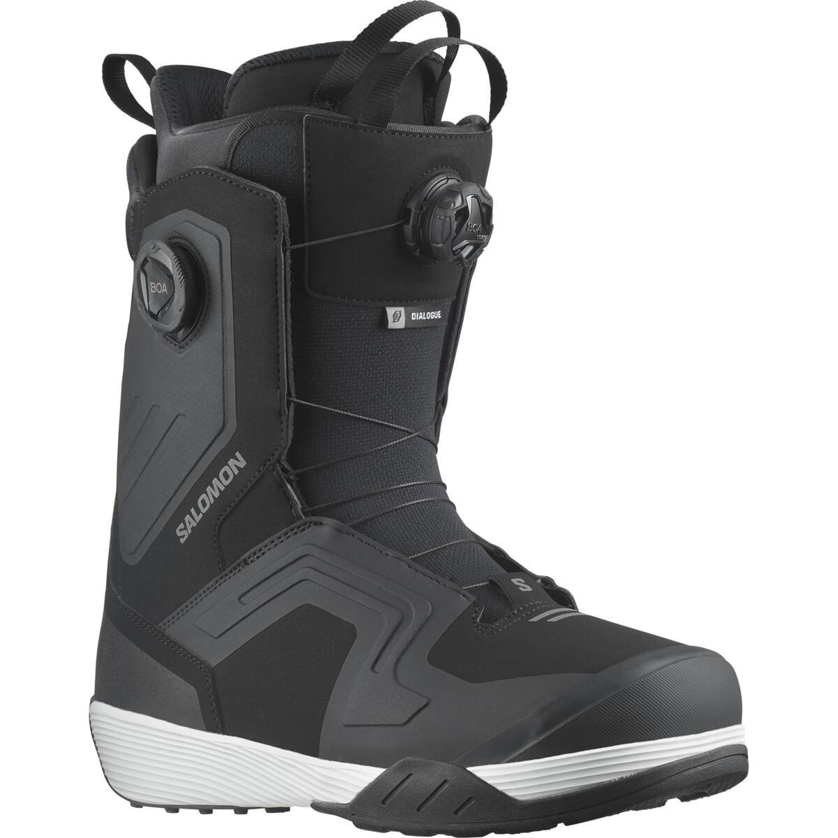 Salomon Men's Dialogue Dual BOA Snowboard Boots 2025 - Black snowboard boots with a textured rubber toe cap and white soles.