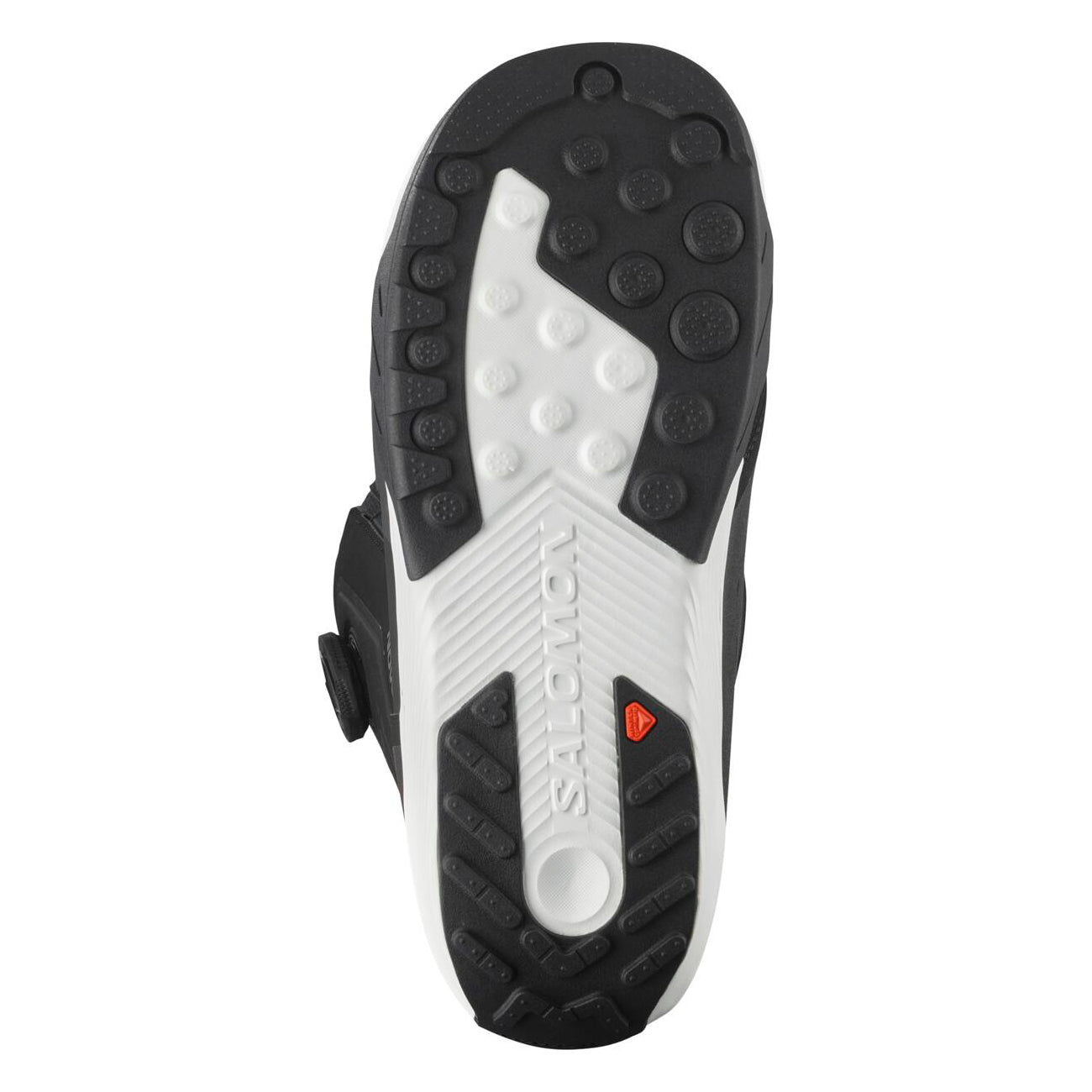 Salomon Men's Dialogue Dual BOA Wide Snowboard Boots - Black snowboard boots with a textured rubber sole and silver metal hardware.