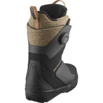 Salomon Women's Kiana Dual BOA Snowboard Boots 2025 - Black snowboard boots with a tan and black patterned strap on top of the tongue.