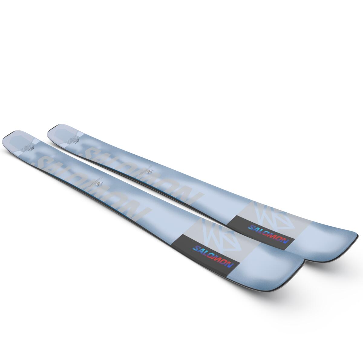 Salomon QST Blank Skis 2025 - White skis with a blue pattern and black bindings.