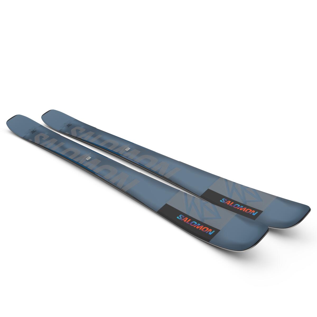 Salomon QST 92 Skis 2025 - A pair of skis with a blue-gray color and a geometric pattern on the top sheet, featuring the brand name "SALOMON" in gray letters.