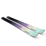 Salomon Women's Stance 88 Skis 2025 - A pair of skis with a purple and yellow patterned graphic on the top sheet, featuring a mountain range design.