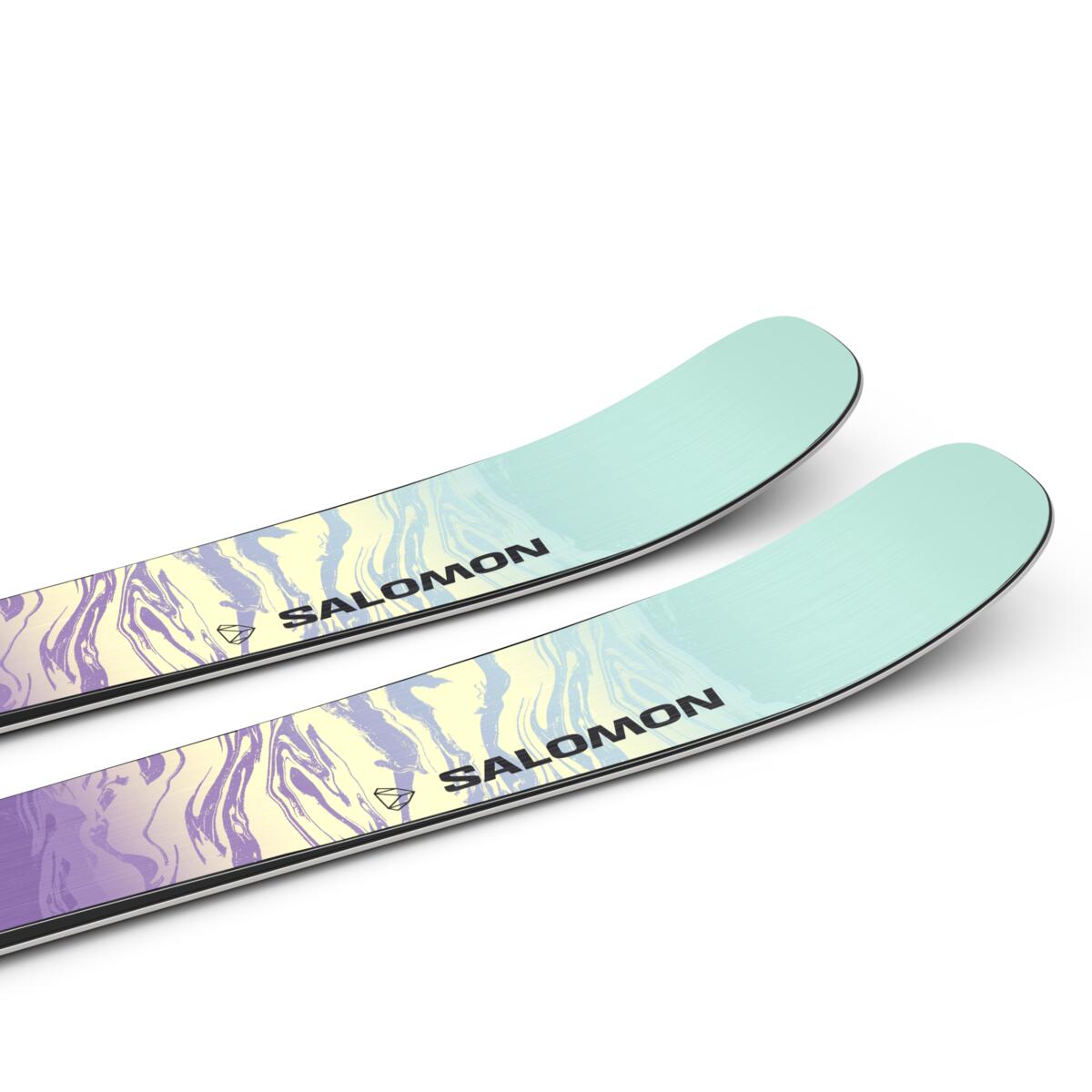 Salomon Women's Stance 88 Skis 2025 - A pair of skis with a purple and yellow marbled pattern on the top, featuring the brand name "SALOMON" in black text.