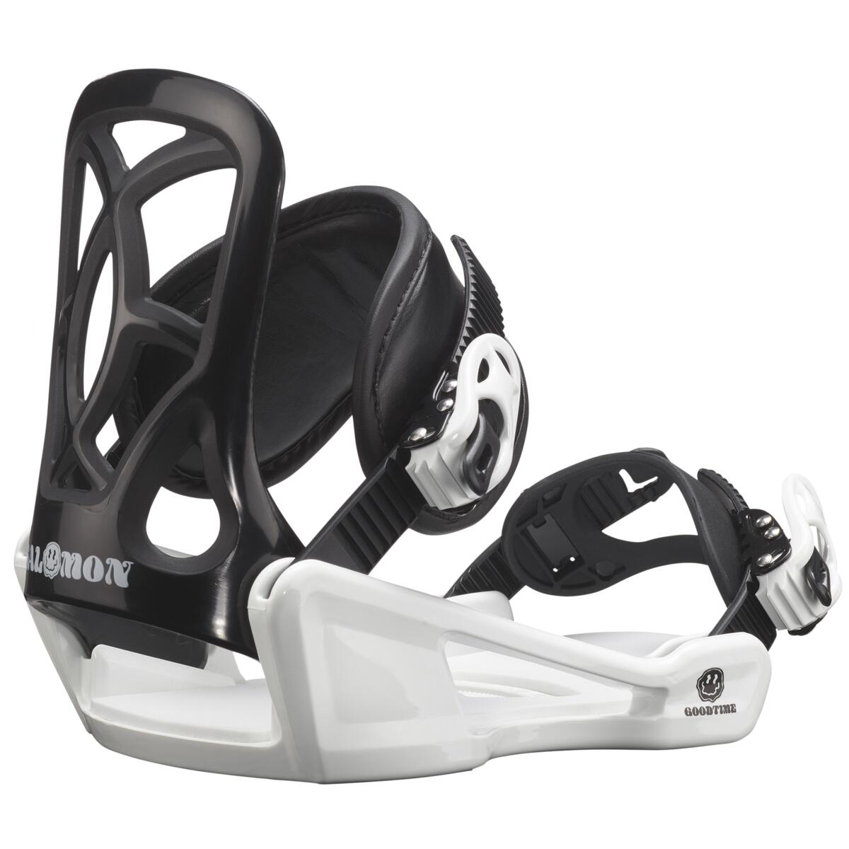 Salomon Youth GoodTime Snowboard Binding - A black snowboard binding with a white logo on the front and a white strap.