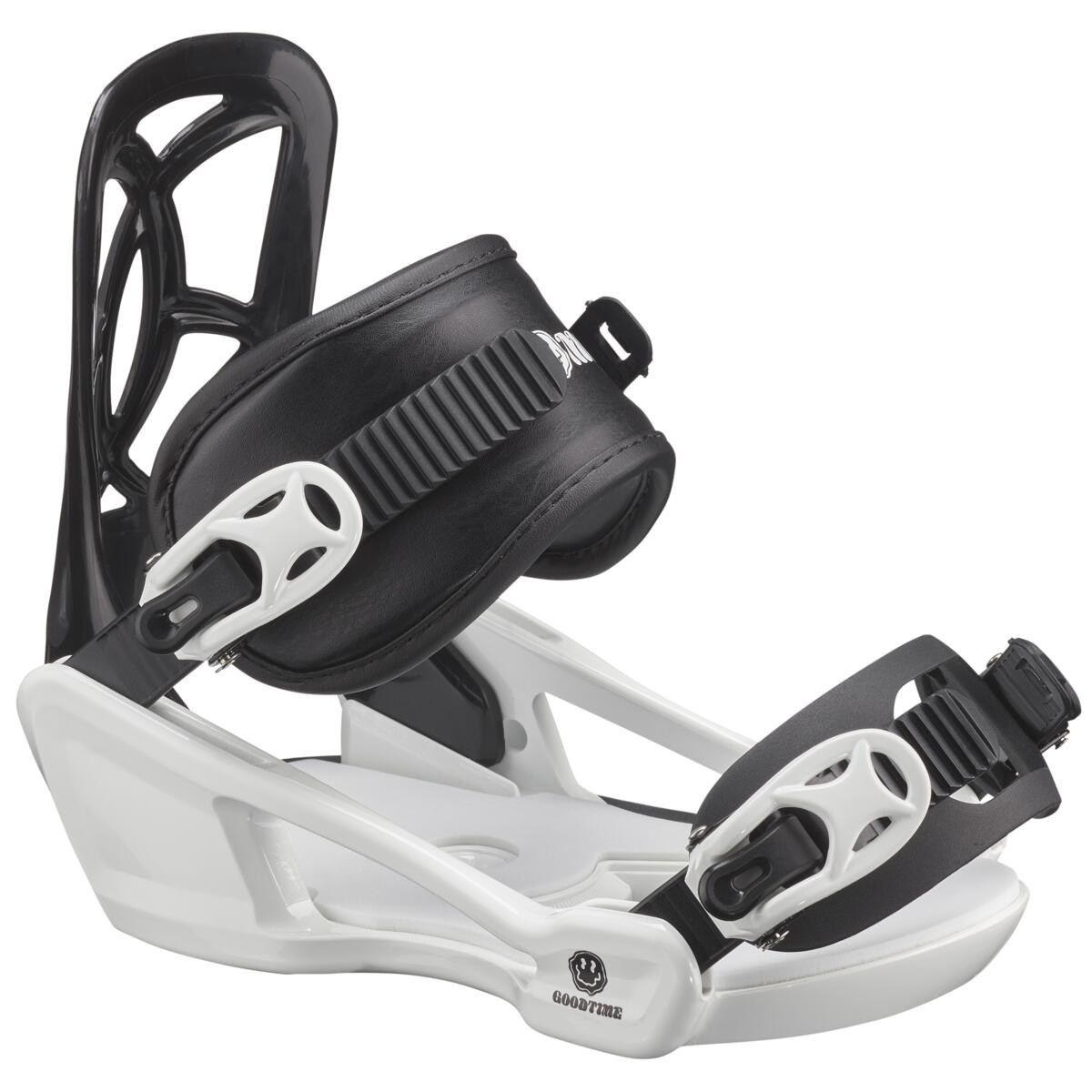 Salomon Youth GoodTime Snowboard Binding - A black snowboard binding with white accents and a smiley face logo on the front.