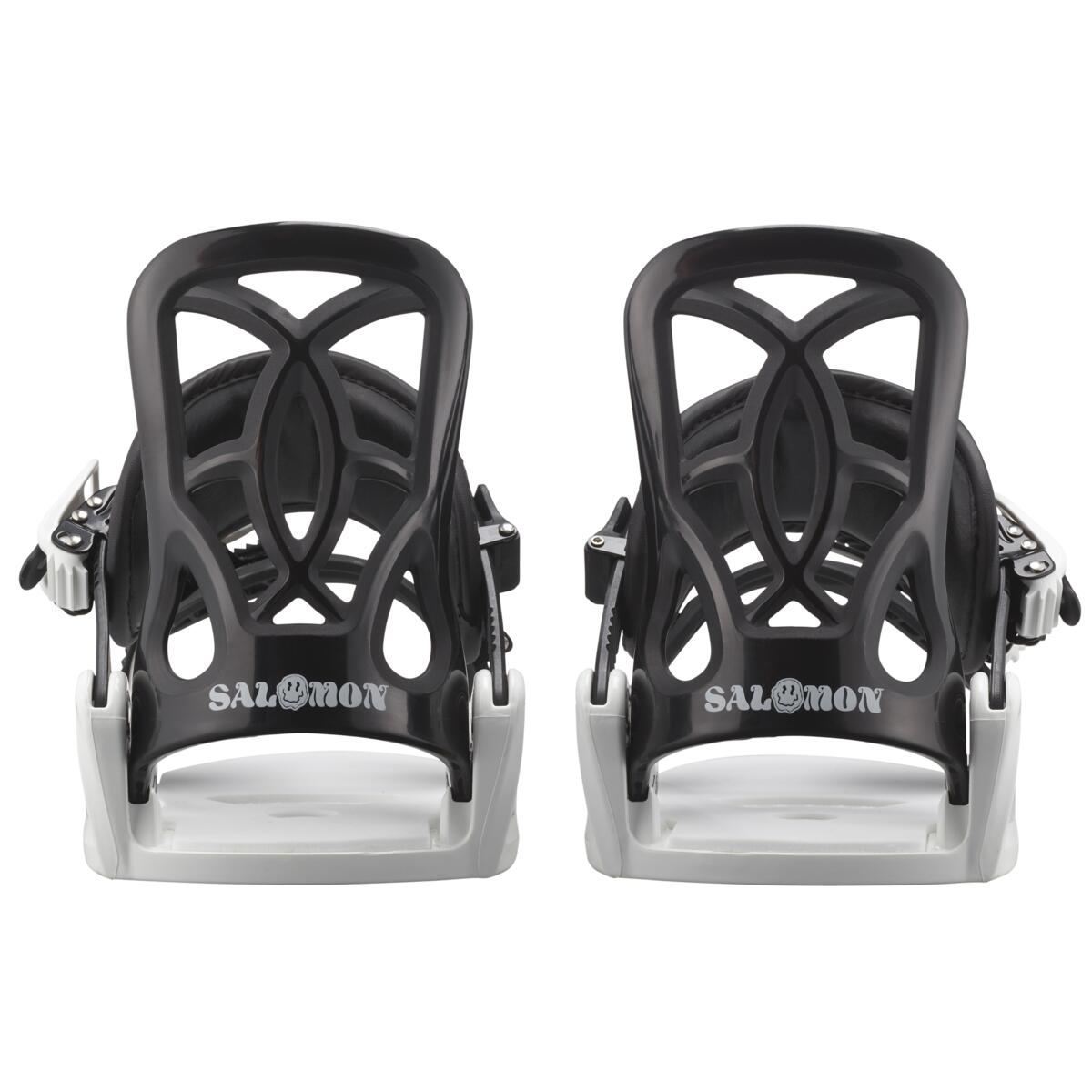 Salomon Youth GoodTime Snowboard Binding - A black snowboard binding with a white logo and silver screws, featuring a distinctive X-shaped design on its baseplate.