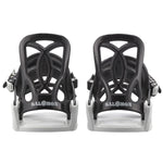 Salomon Youth GoodTime Snowboard Binding - A black snowboard binding with a white logo and silver screws, featuring a distinctive X-shaped design on its baseplate.