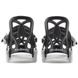 Salomon Youth GoodTime Snowboard Binding - A black snowboard binding with a white logo and silver screws, featuring a distinctive X-shaped design on its baseplate.