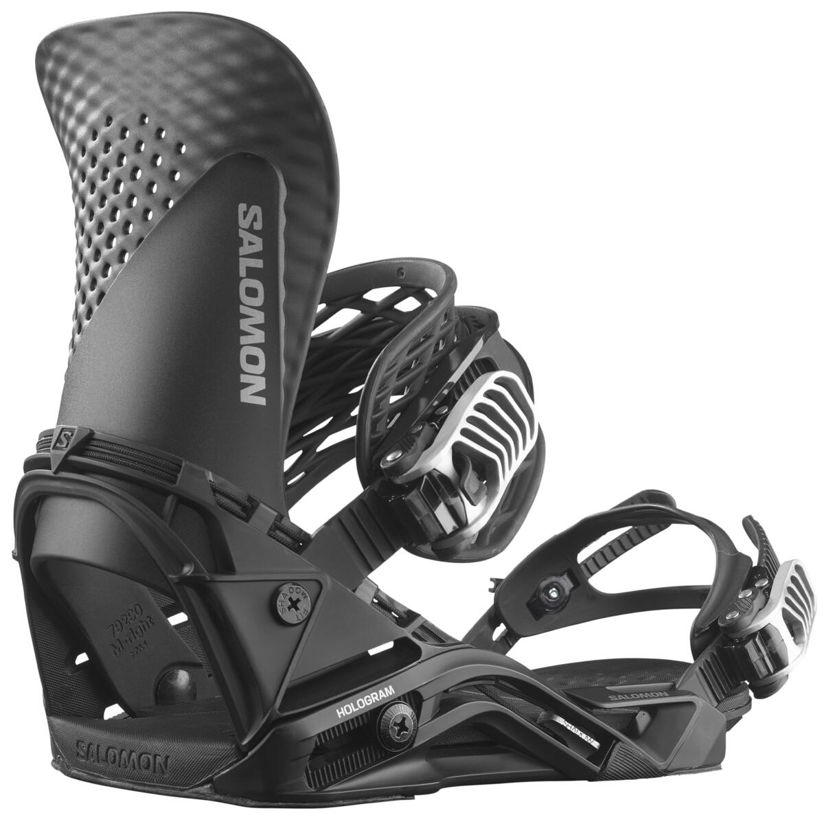 Salomon Hologram Snowboard Bindings 2025 - Black bindings with silver hardware and a holographic logo on the strap.