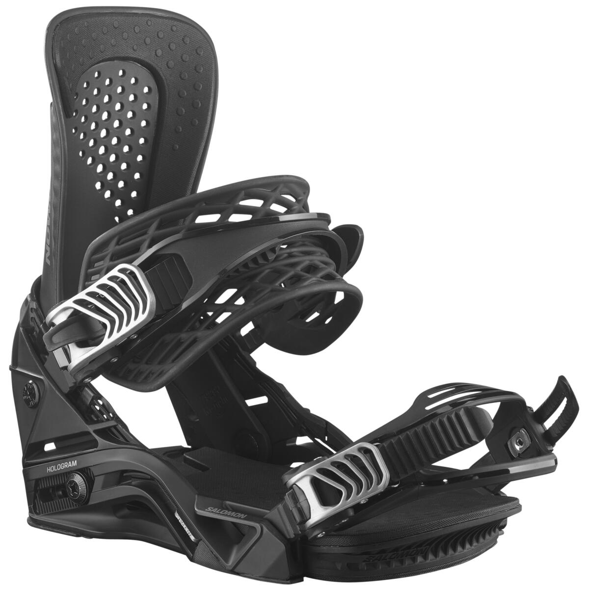 Salomon Hologram Snowboard Bindings 2025 - Black bindings with silver buckles and straps.