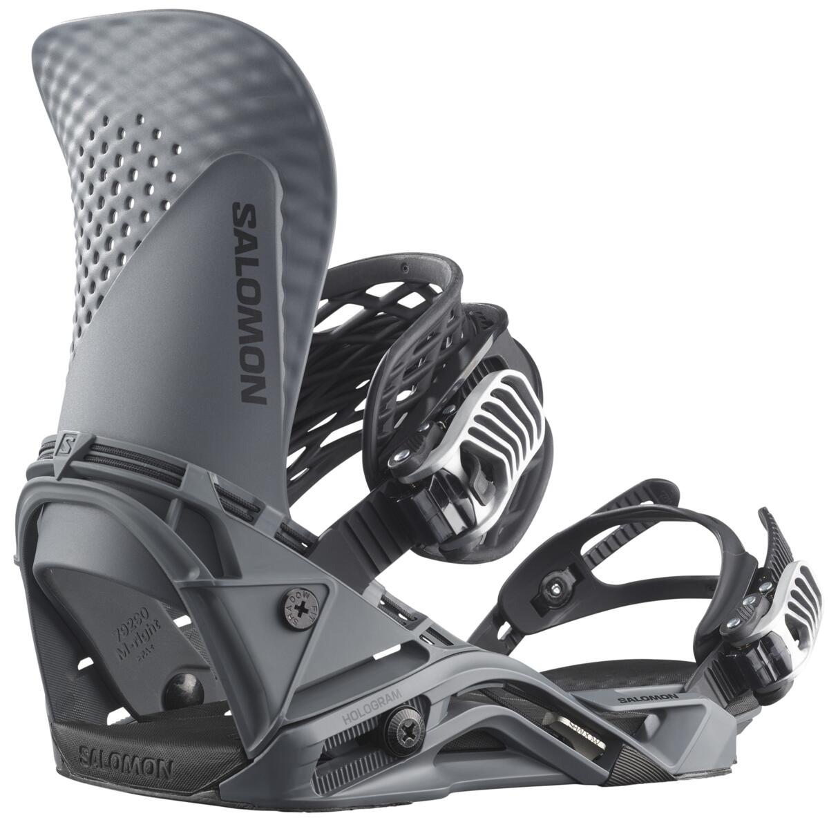 Salomon Hologram Snowboard Bindings 2025 - A pair of black snowboard bindings with silver buckles and a textured, geometric pattern on the straps.