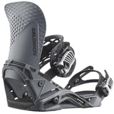 Salomon Hologram Snowboard Bindings 2025 - A pair of black snowboard bindings with silver buckles and a textured, geometric pattern on the straps.