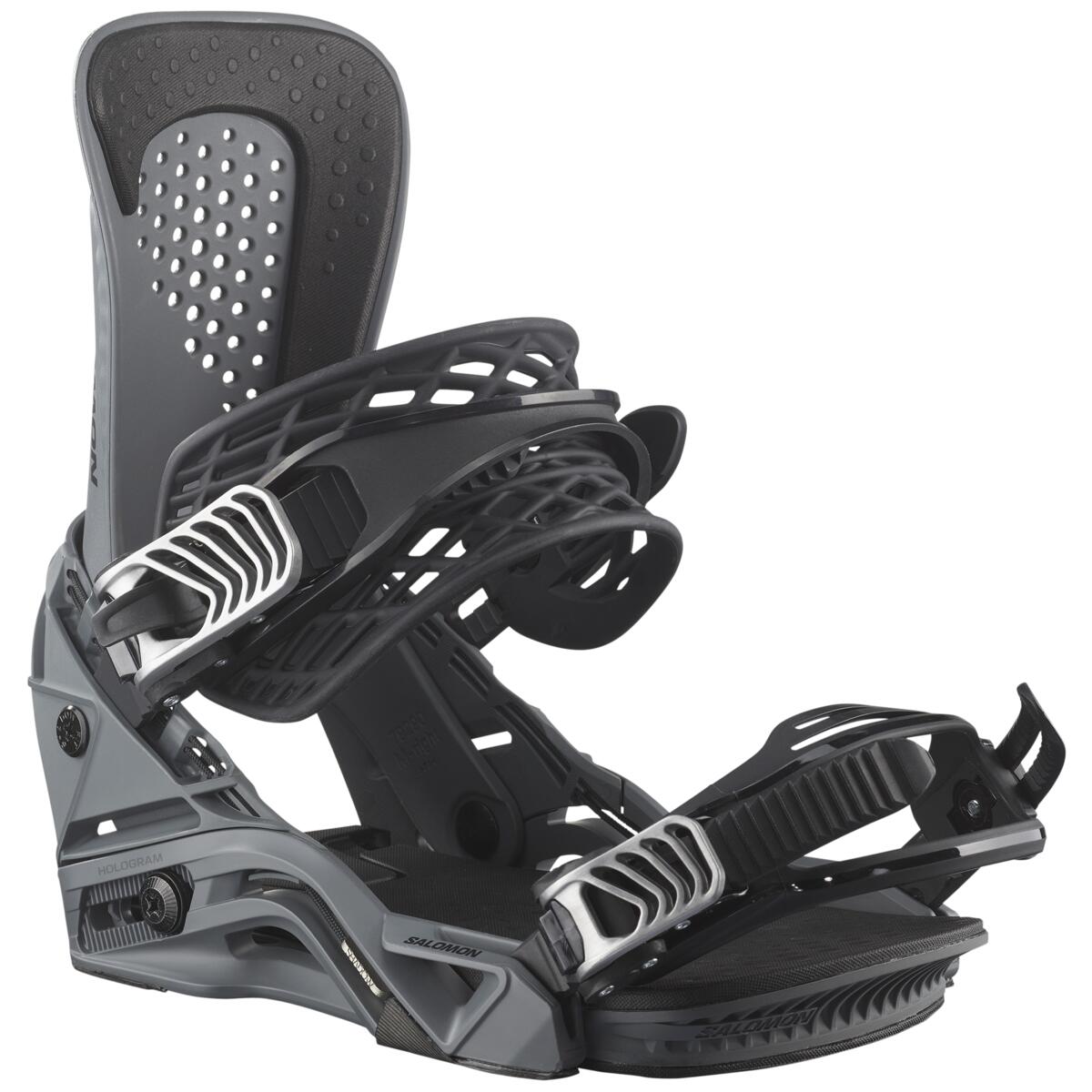 Salomon Hologram Snowboard Bindings - 2025 model with black straps and buckles, featuring a sleek silver metal hardware on the high-top boots.