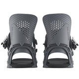 Salomon Hologram Snowboard Bindings 2025 - A pair of dark gray snowboard bindings with a textured pattern on the straps and a geometric holographic design on the buckles.