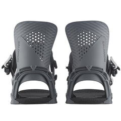 Salomon Hologram Snowboard Bindings 2025 - A pair of dark gray snowboard bindings with a textured pattern on the straps and a geometric holographic design on the buckles.
