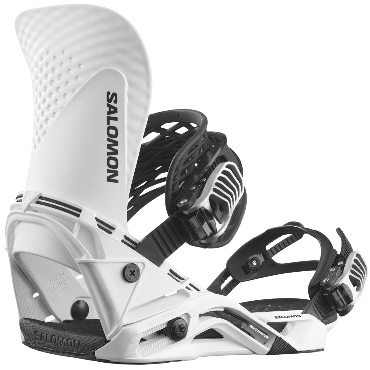 Salomon Hologram Snowboard Bindings 2025 - White bindings with black straps and buckles, featuring a textured pattern on the strap ends.