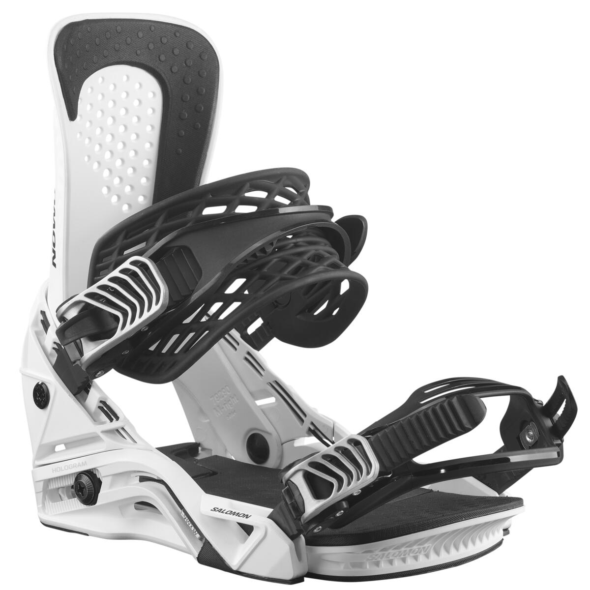 Salomon Hologram Snowboard Bindings 2025 - A pair of white snowboard bindings with black straps and buckles, featuring a textured pattern on the baseplate.