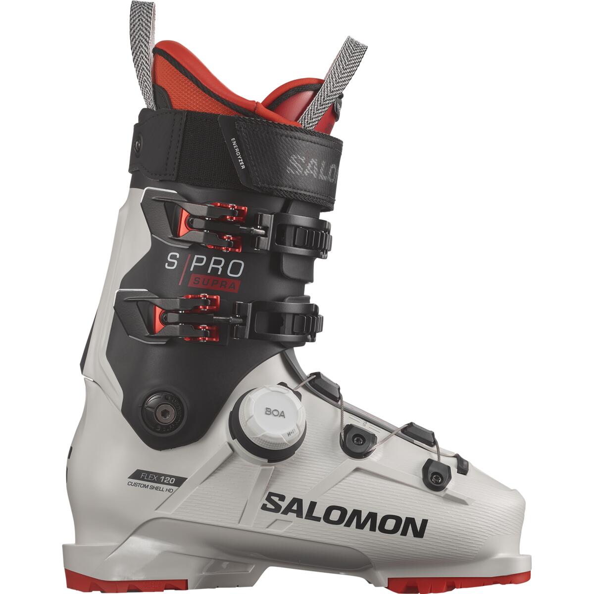 Salomon Men's S/PRO SUPRA BOA 120 Ski Boots 2025 - Black ski boot with red accents and white lettering on the side.