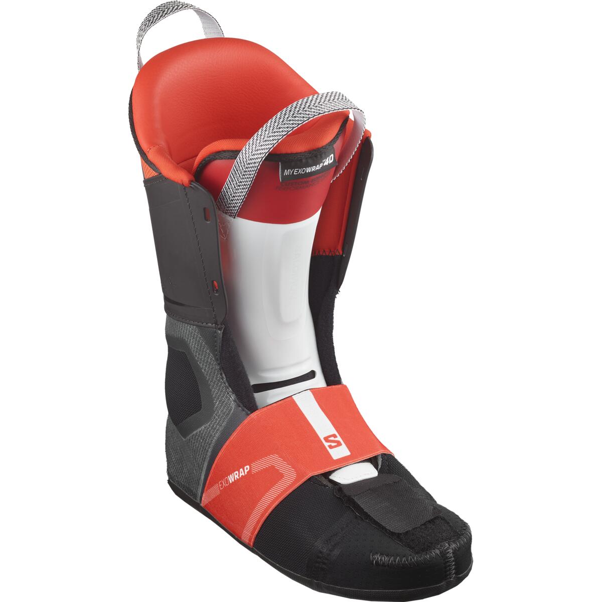 Salomon Men's S/PRO SUPRA BOA 120 Ski Boots - Black ski boots with a white logo on the side and silver buckles.