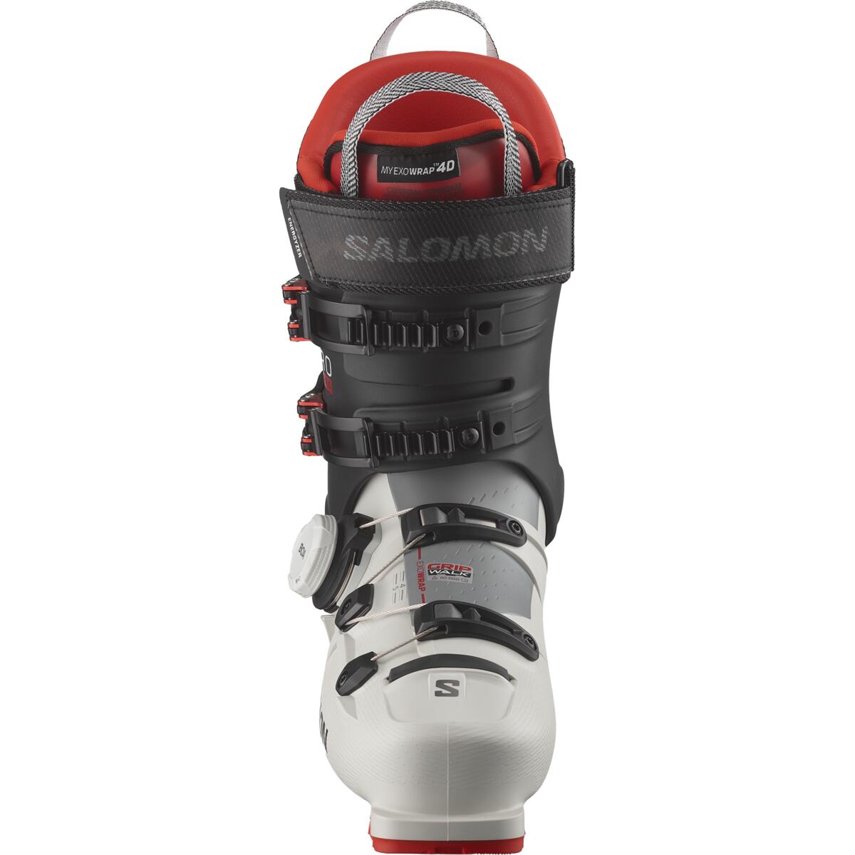 Salomon Men's S/PRO SUPRA BOA 120 Ski Boots - Black ski boots with red accents and white laces.