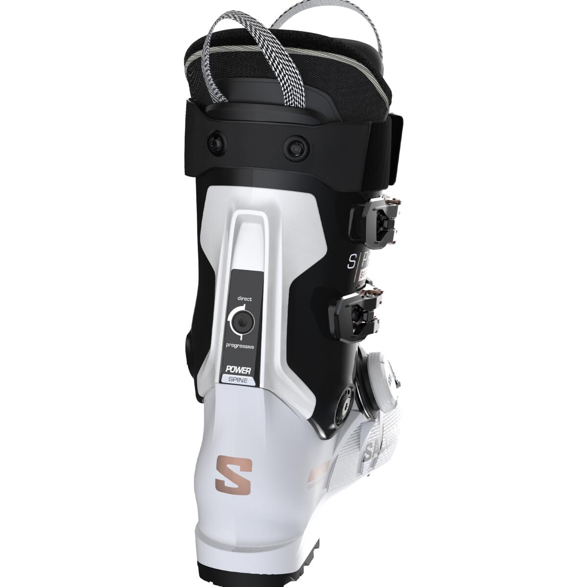 Salomon Women's S/PRO SUPRA BOA 105 Ski Boots 2025 - Black ski boot with white accents and silver buckles.