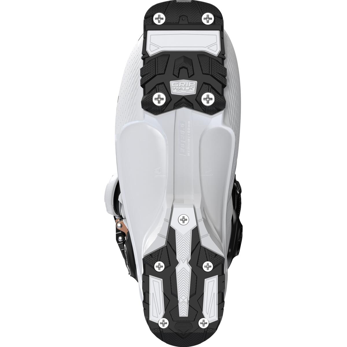 Salomon Women's S/PRO SUPRA BOA 105 Ski Boots 2025 - A black and white ski boot with a textured pattern on the upper material, featuring a silver metal buckle.