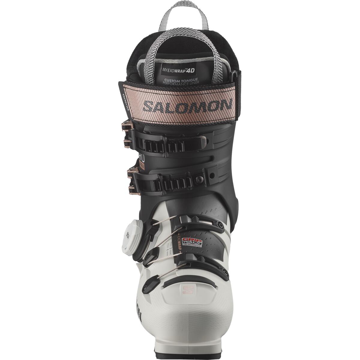 Salomon Women's S/PRO SUPRA BOA 105 Ski Boots - Black ski boots with a silver logo on the side and black laces.