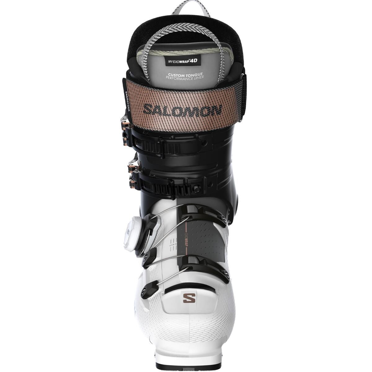 Salomon Women's S/PRO SUPRA BOA 105 Ski Boots - Black ski boots with silver buckles and a black strap.