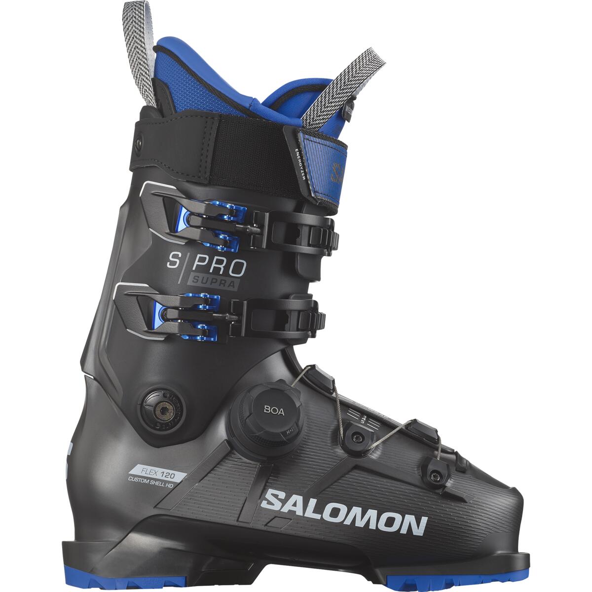 Salomon Men's S/PRO SUPRA BOA 120 Ski Boots 2025 - Black ski boot with blue accents and a textured pattern on the side.