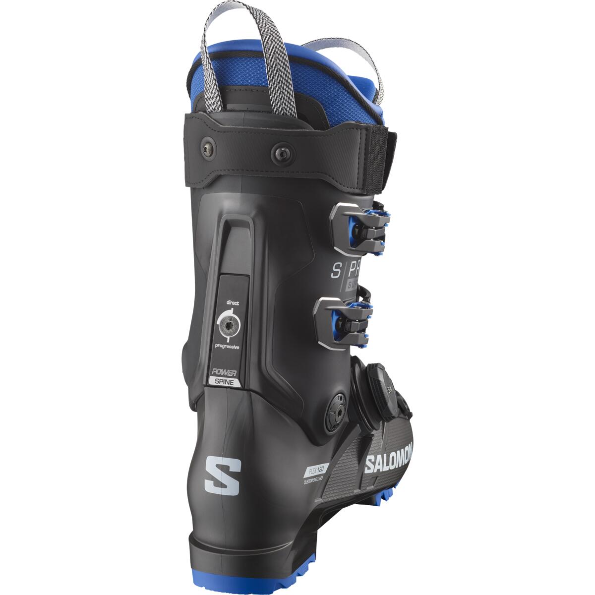 Salomon Men's S/PRO SUPRA BOA 120 Ski Boots - Black ski boots with silver buckles and blue accents on the tongue.