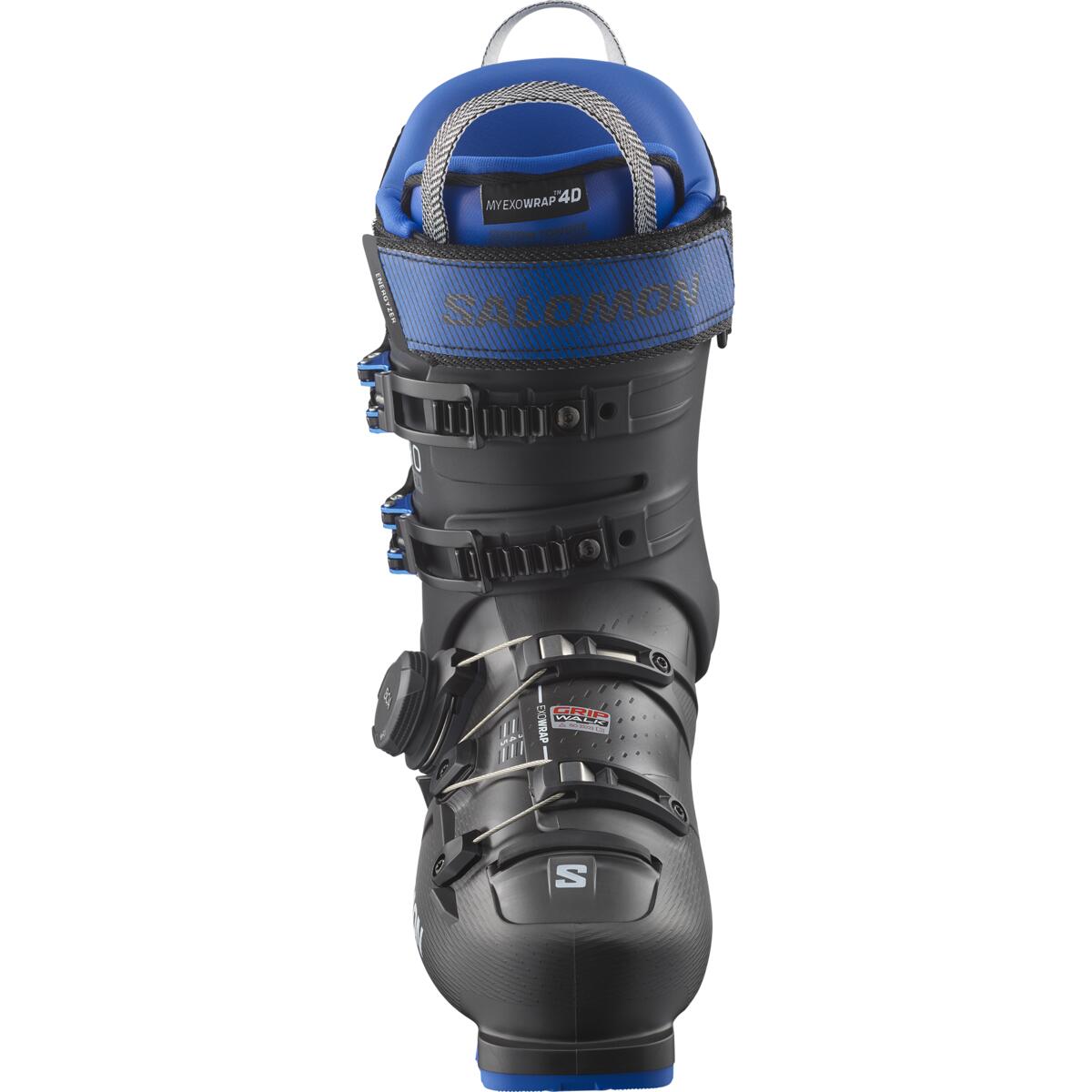 Salomon Men's S/PRO SUPRA BOA 120 Ski Boots - Black ski boots with a blue logo and accents on the tongue and heel.