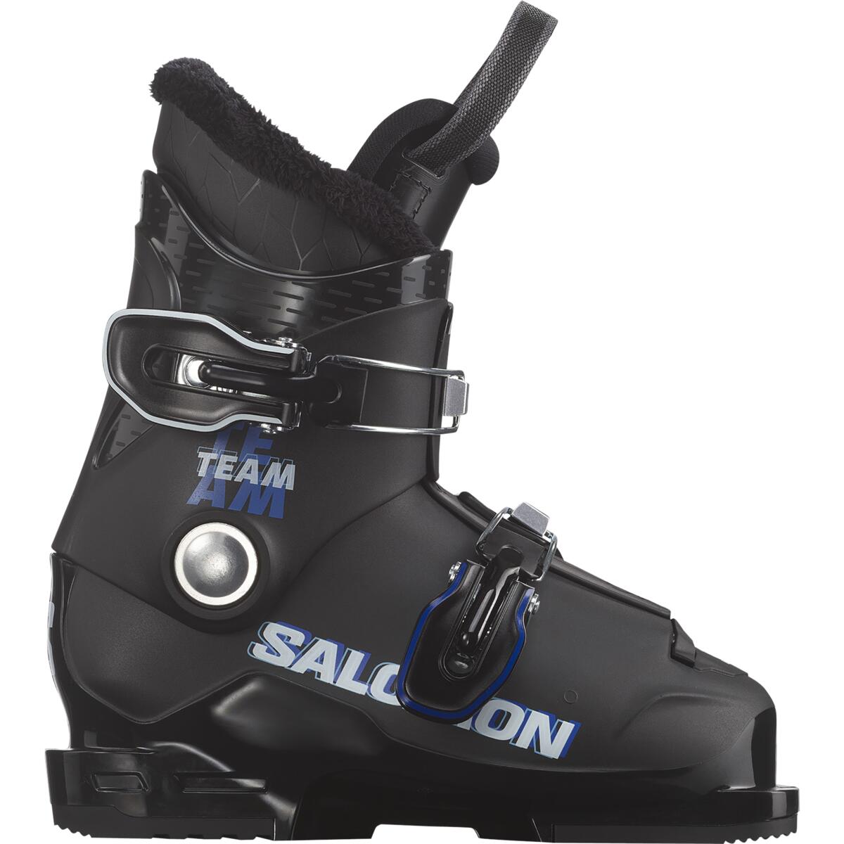Salomon Junior Team T2 Ski Boots 2025 - Black ski boots with a textured pattern on the side and silver buckles.