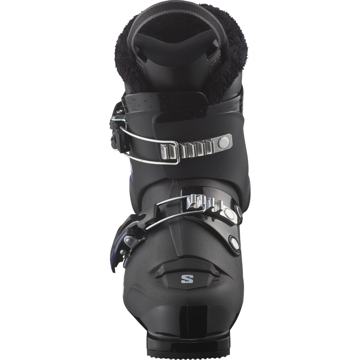 Salomon Junior Team T2 Ski Boots 2025 - Black ski boots with blue accents and silver buckles.