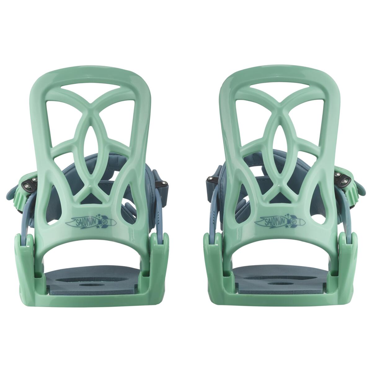 Salomon Youth GoodTime Snowboard Binding - A pair of mint green snowboard bindings with a gray base plate and black buckles.