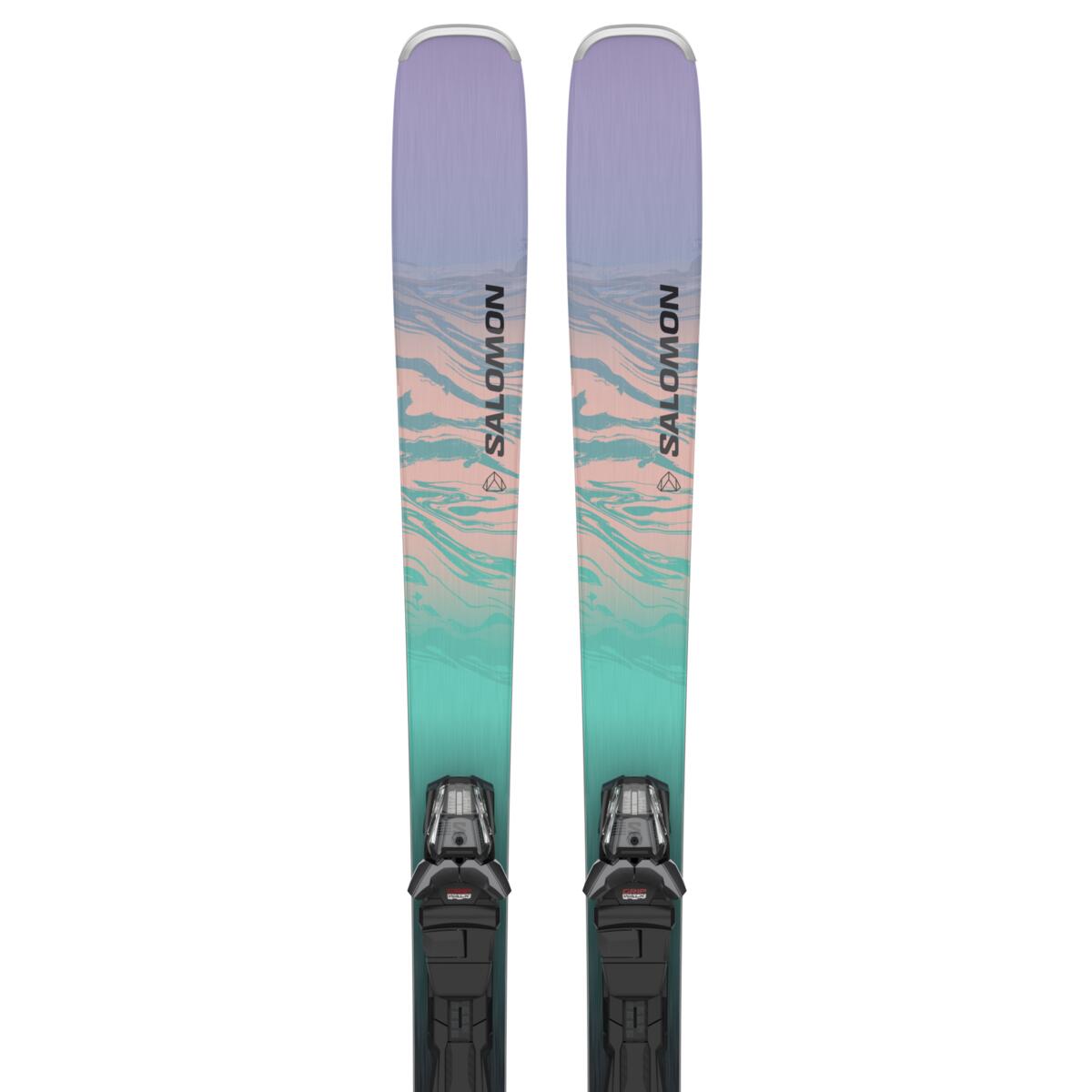 Salomon Women's Stance 84 Skis with M11 GW Bindings - A pair of skis with a pink and blue marbled pattern on the top, featuring black bindings.