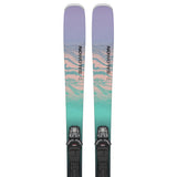 Salomon Women's Stance 84 Skis with M11 GW Bindings - A pair of skis with a pink and blue marbled pattern on the top, featuring black bindings.
