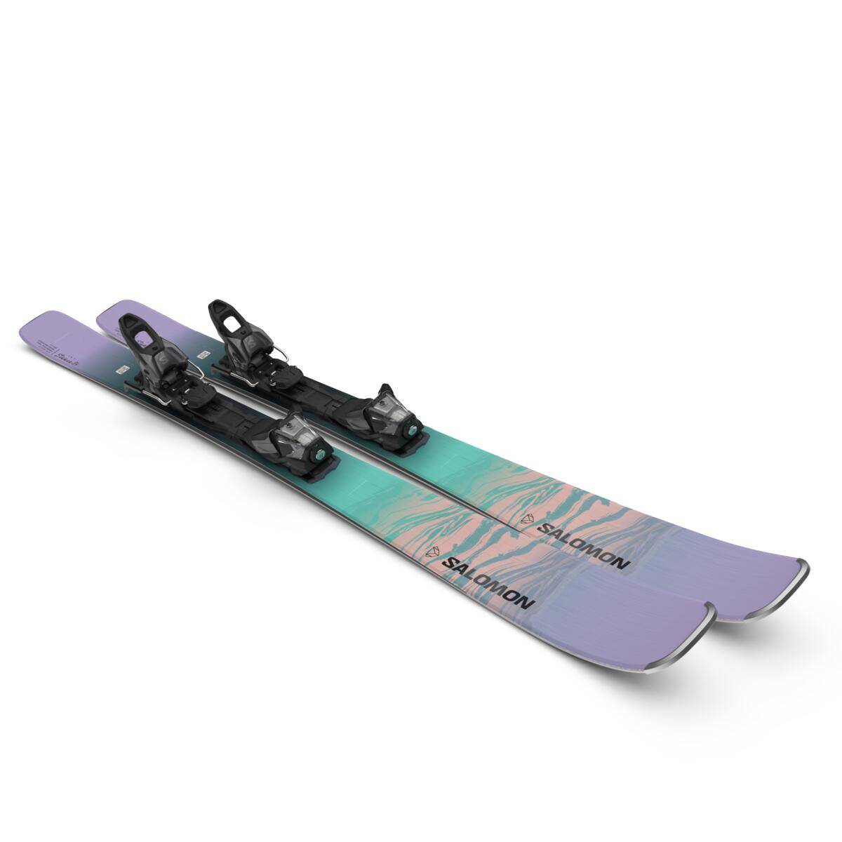Salomon Women's Stance 84 Skis with M11 GW Bindings - A pair of skis with a light purple top and teal bottom, featuring black bindings.