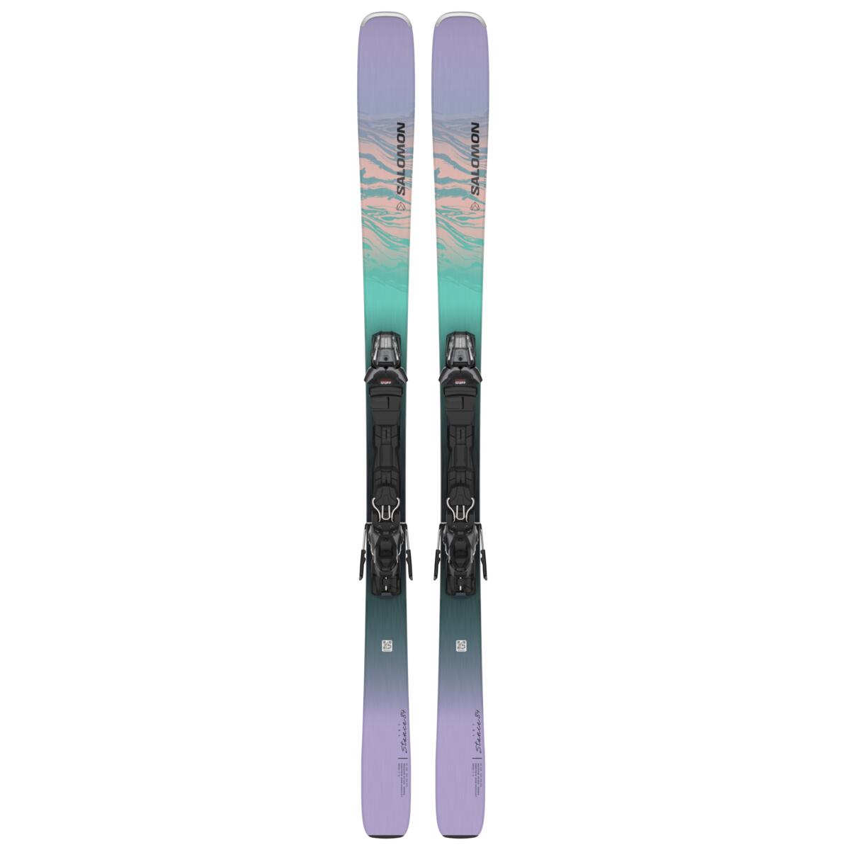 Salomon Women's Stance 84 Skis with M11 GW Bindings - A pair of skis with a pink and green marbled pattern on top, black bindings, and a gray base.