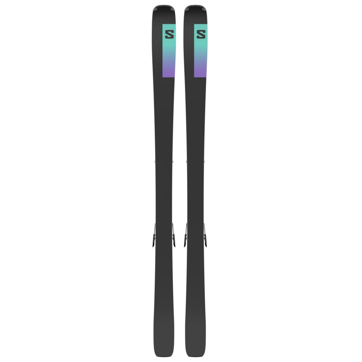 Salomon Women's Stance 84 Skis with M11 GW Bindings - A pair of skis with a purple and teal gradient logo on top, featuring the letter "S" in black.
