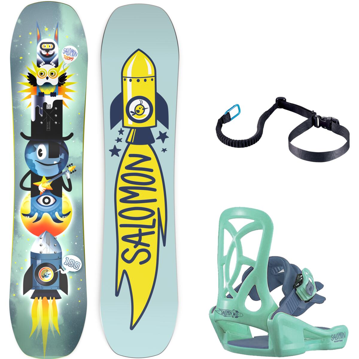 Salomon Junior's Team Snowboard Package 2025 - A snowboard with a cartoon team of three characters stacked on top of each other, wearing goggles and helmets, against a light blue background.
