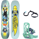 Salomon Junior's Team Snowboard Package 2025 - A snowboard with a cartoon team of three characters stacked on top of each other, wearing goggles and helmets, against a light blue background.