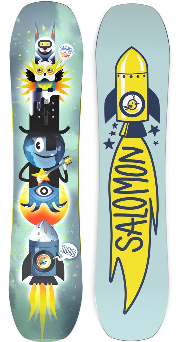 Salomon Junior's Team Snowboard Package 2025 - A snowboard with a cartoon owl wearing goggles and a black jacket on top, a blue globe with an eye in the center below it, and a silver rocket ship at the bottom.