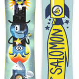 Salomon Junior's Team Snowboard Package 2025 - A snowboard with a cartoon owl wearing goggles and a black jacket on top, a blue globe with an eye in the center below it, and a silver rocket ship at the bottom.