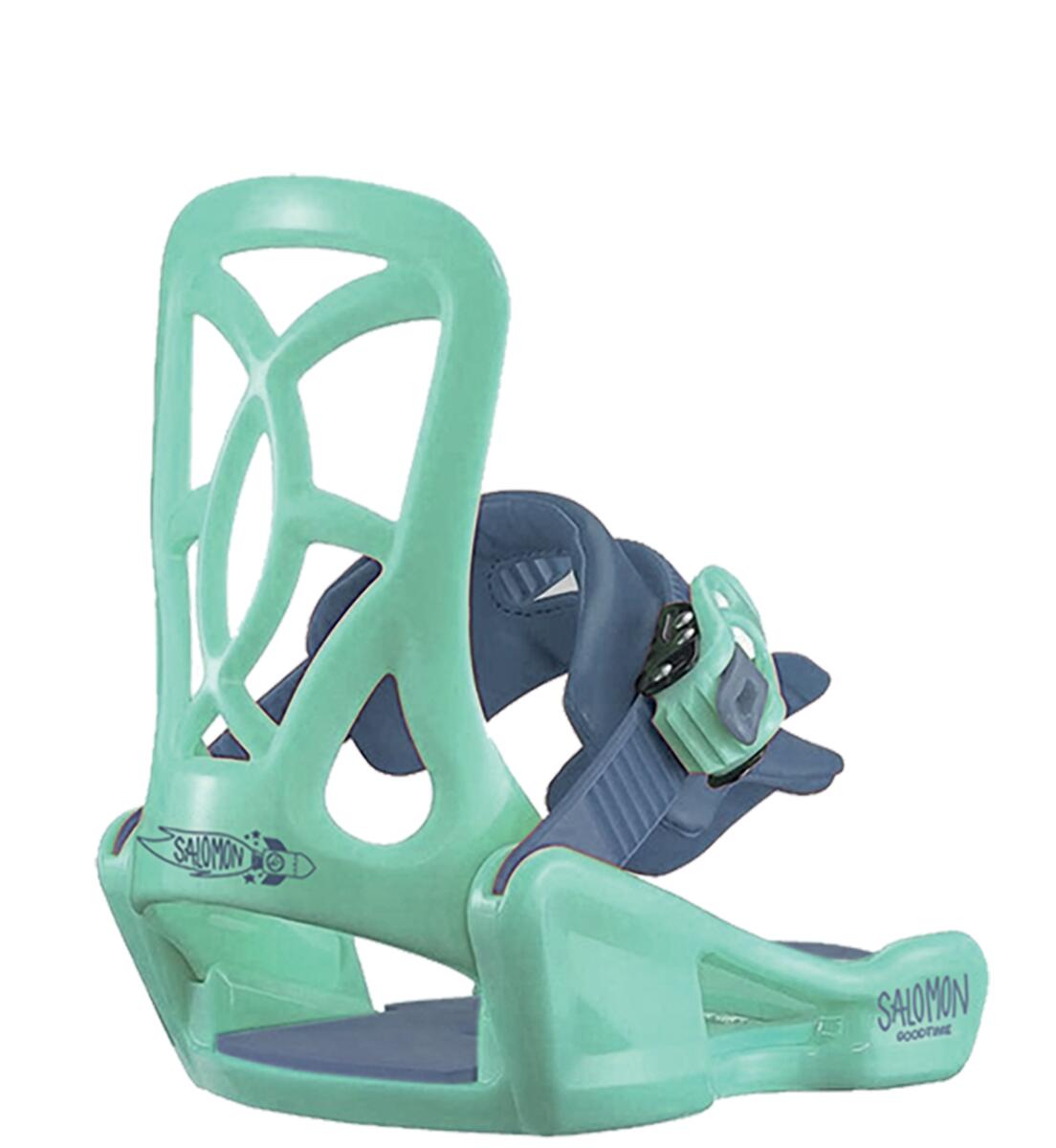 Salomon Junior's Team Snowboard Package 2025 - A pair of mint green snowboard bindings with a dark blue strap and black buckles.