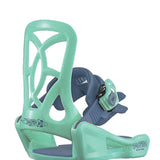 Salomon Junior's Team Snowboard Package 2025 - A pair of mint green snowboard bindings with a dark blue strap and black buckles.
