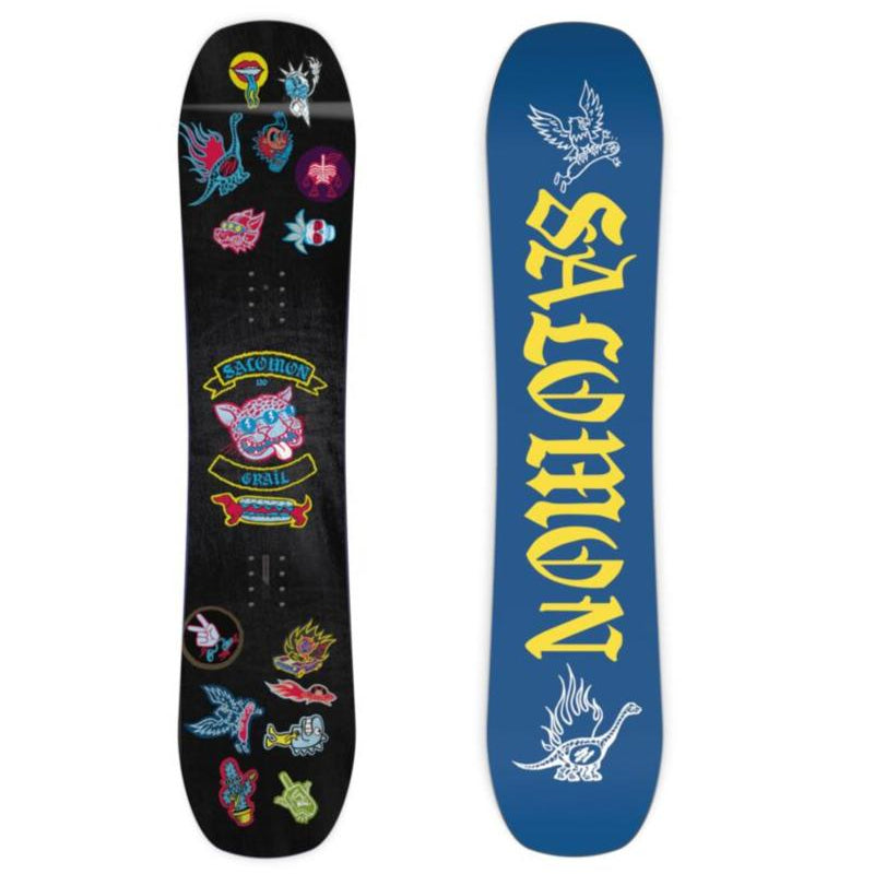 Salomon Junior's Grail Snowboard 2025 - A black snowboard with a blue and pink logo featuring a cartoon griffin.