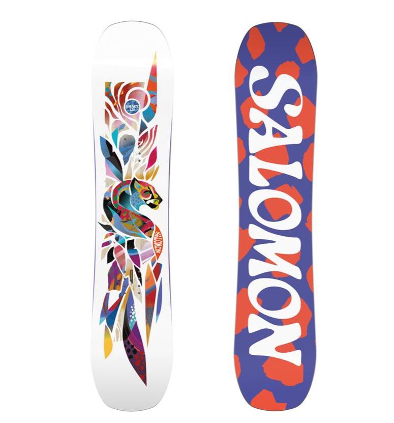 Salomon Junior's Grace Snowboard 2025 - A snowboard with a white background and a colorful fox design on top.
